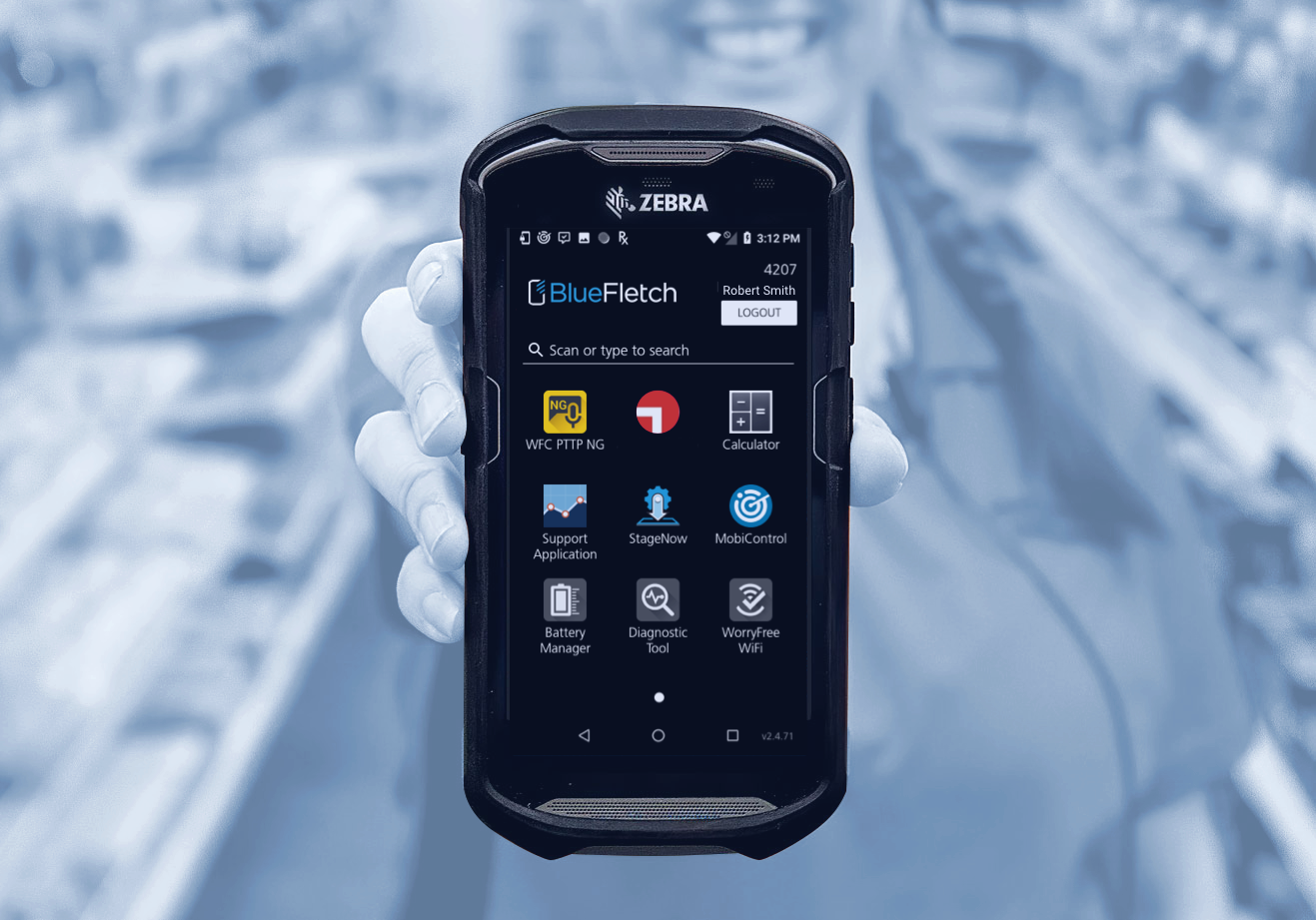 BlueFletch custom launcher home screen on rugged android