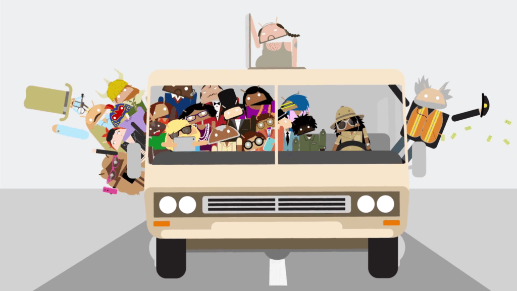 Many unique Android avatars in a crowded truck