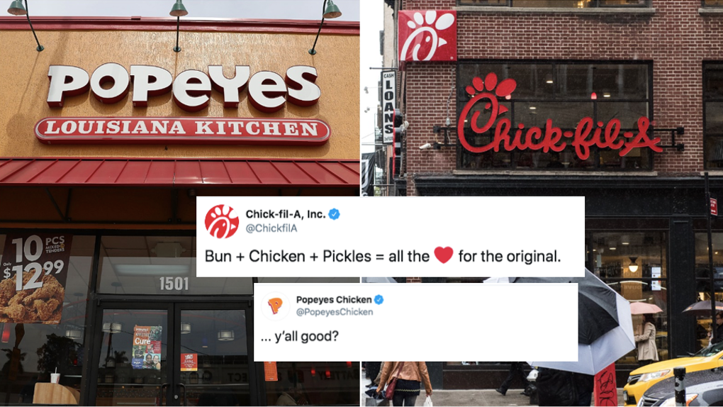 Popeye's and Chick-fil-A storefronts overlaid with tweets from their "Twitter War"