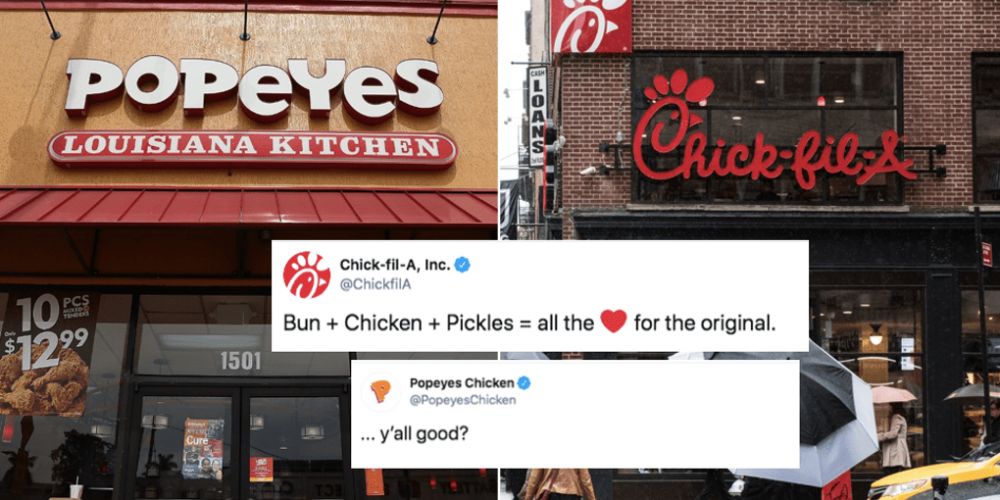 Popeyes and chick-fil-a side-by-side with quoted tweets from each brand