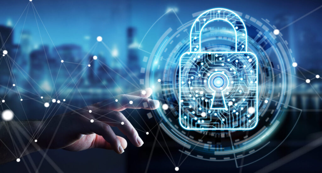 Businessman on blurred background using digital padlock to secure his datas 3D rendering