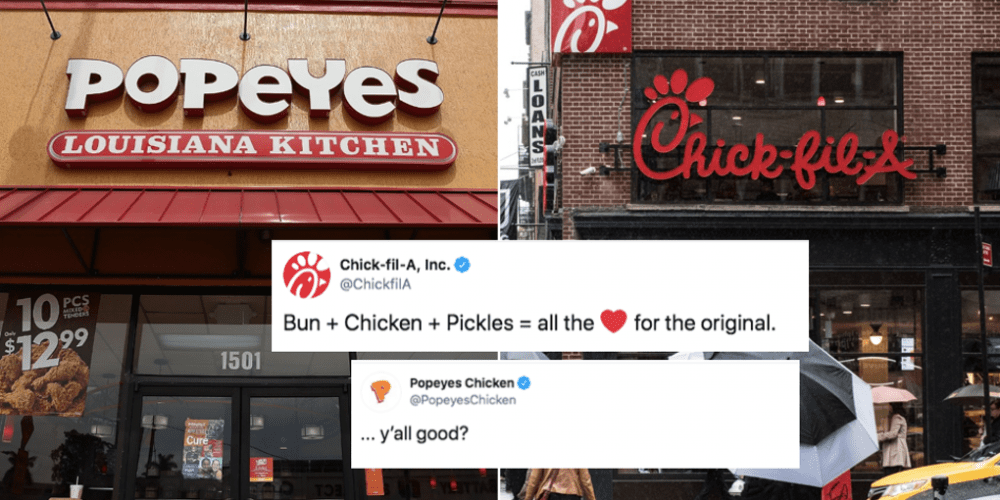 Popeye's and Chick-fil-A storefronts overlaid with tweets from their "Twitter War"